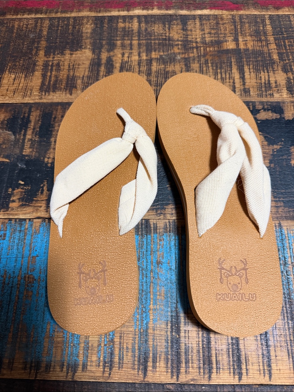 Neutral Cream Fabric-Top Tan Footbed Women's Flip Flop Sandals
